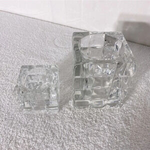 Vintage  Clear Cut Crystal Square Textured Ice Cube Candle Holders